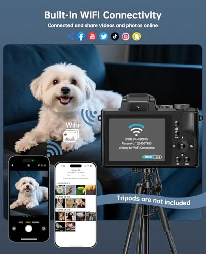 8K Digital Cameras for Photography - Autofocus 88MP WiFi Profession Camera with Dual-Lens - 16X Digital Zoom Photography Camera for YouTube with Lens Hood, Touch Screen, 2 Batteries & Charging Stand