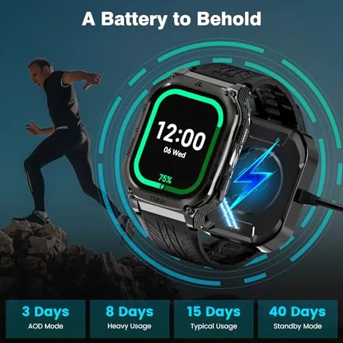 AMAZTIM Smart Watch, 60 Days Extra-Long Battery, 50M Waterproof, Rugged Military Bluetooth Call(Answer/Dial Calls), 2.0" Ultra Large HD Display, AI Voice Assistant (Shiny Black)
