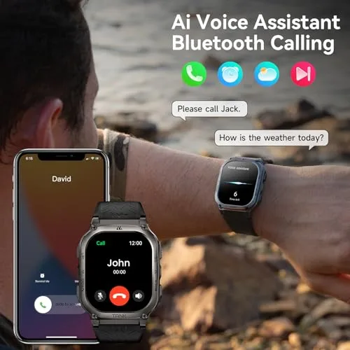 AMAZTIM Smart Watch, 60 Days Extra-Long Battery, 50M Waterproof, Rugged Military Bluetooth Call(Answer/Dial Calls), 2.0" Ultra Large HD Display, AI Voice Assistant (Shiny Black)