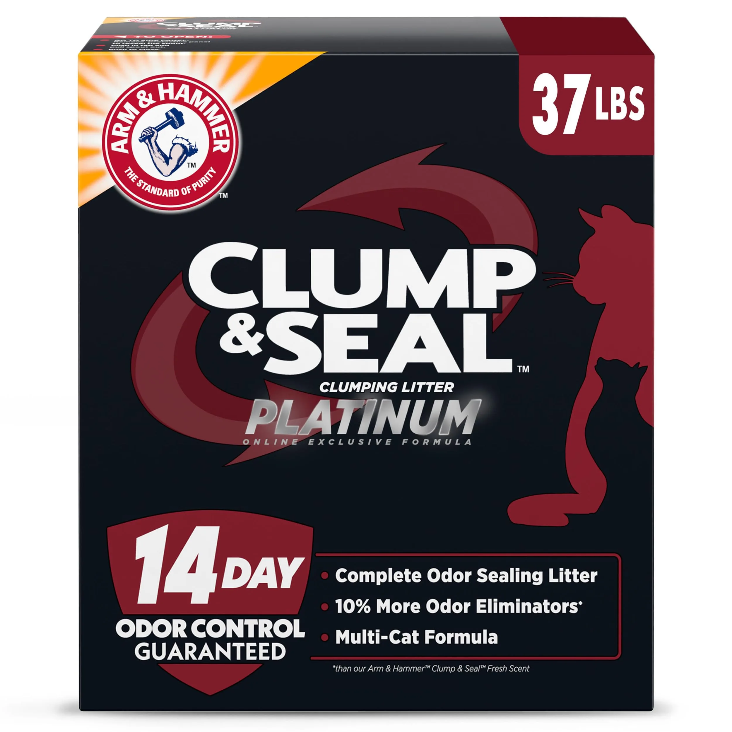 ARM & HAMMER Clump & Seal Platinum Cat Litter, Multi-Cat, 14-Day Odor Control, Rock-Hard Clumps, 37 lbs – Powerful Odor Eliminator with Baking Soda
