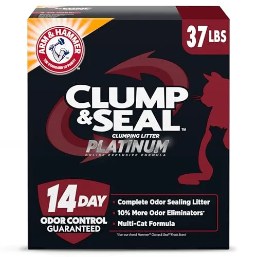 ARM & HAMMER Clump & Seal Platinum Cat Litter, Multi-Cat, 14-Day Odor Control, Rock-Hard Clumps, 37 lbs – Powerful Odor Eliminator with Baking Soda
