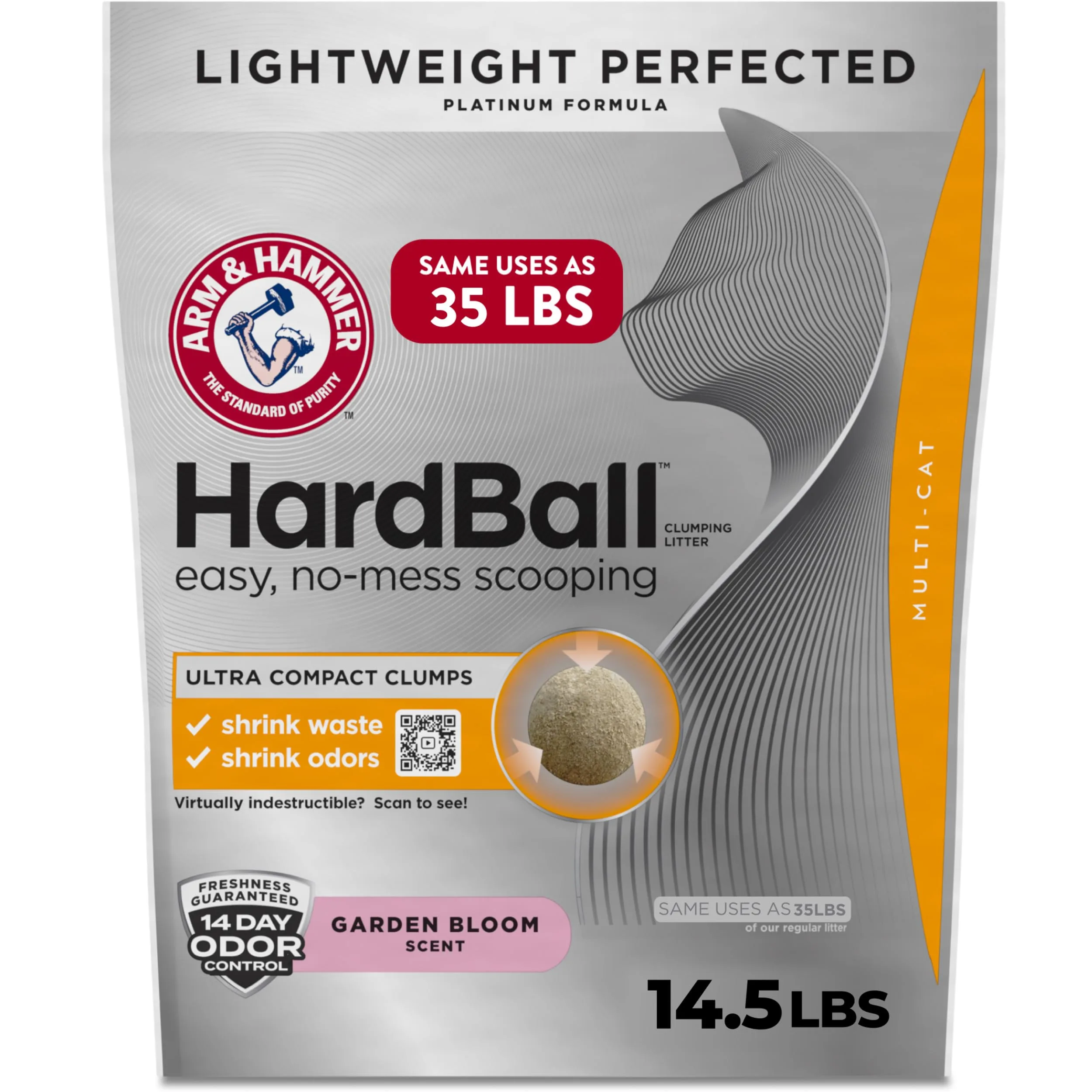 ARM & Hammer Hardball Lightweight Platinum Multi-Cat Clumping Cat Litter Odor Control, Easy No-Mess Scooping, Garden Bloom Scent, 14.5 Lbs.