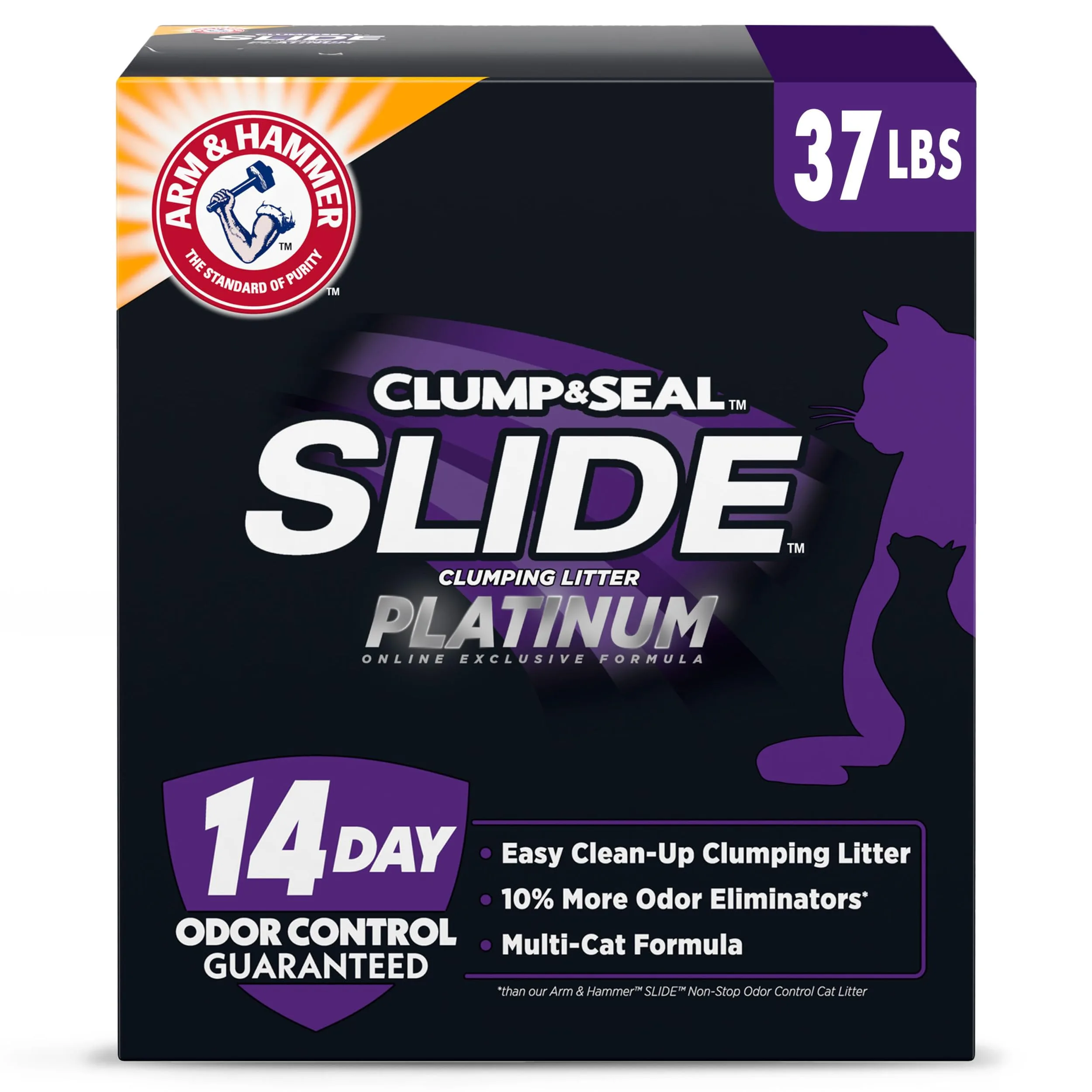 ARM & HAMMER Clump & Seal SLIDE Platinum Multi-Cat Clumping Cat Litter, 14-Day Odor Control, EZ Clean Technology, 37 lbs – No Scrubbing, Powerful Odor Eliminator