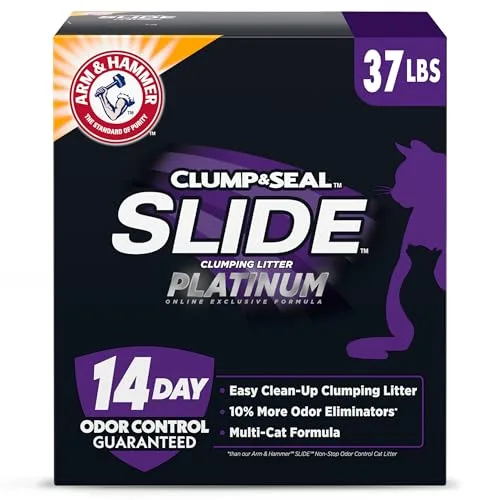 ARM & HAMMER Clump & Seal SLIDE Platinum Multi-Cat Clumping Cat Litter, 14-Day Odor Control, EZ Clean Technology, 37 lbs – No Scrubbing, Powerful Odor Eliminator