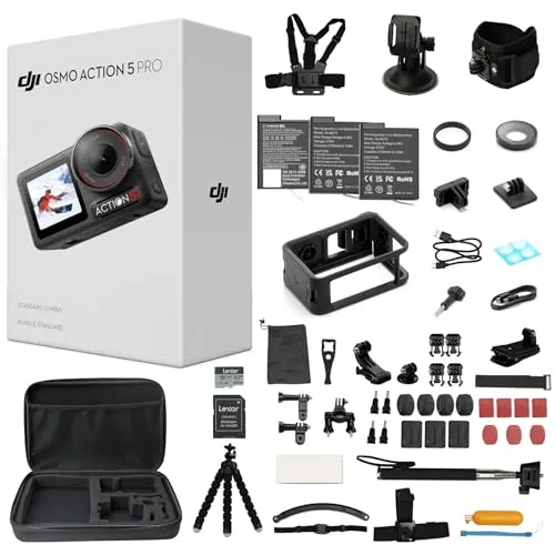 DJI Osmo Action 5 Pro Standard Combo,with 58 Piece Accessory Kit and 2 Extra Batteries + 64GB Card - Waterproof Action Camera with 1/1.3 Sensor, 4K/120fps Video, Action Camera 4K Ideal for Sports