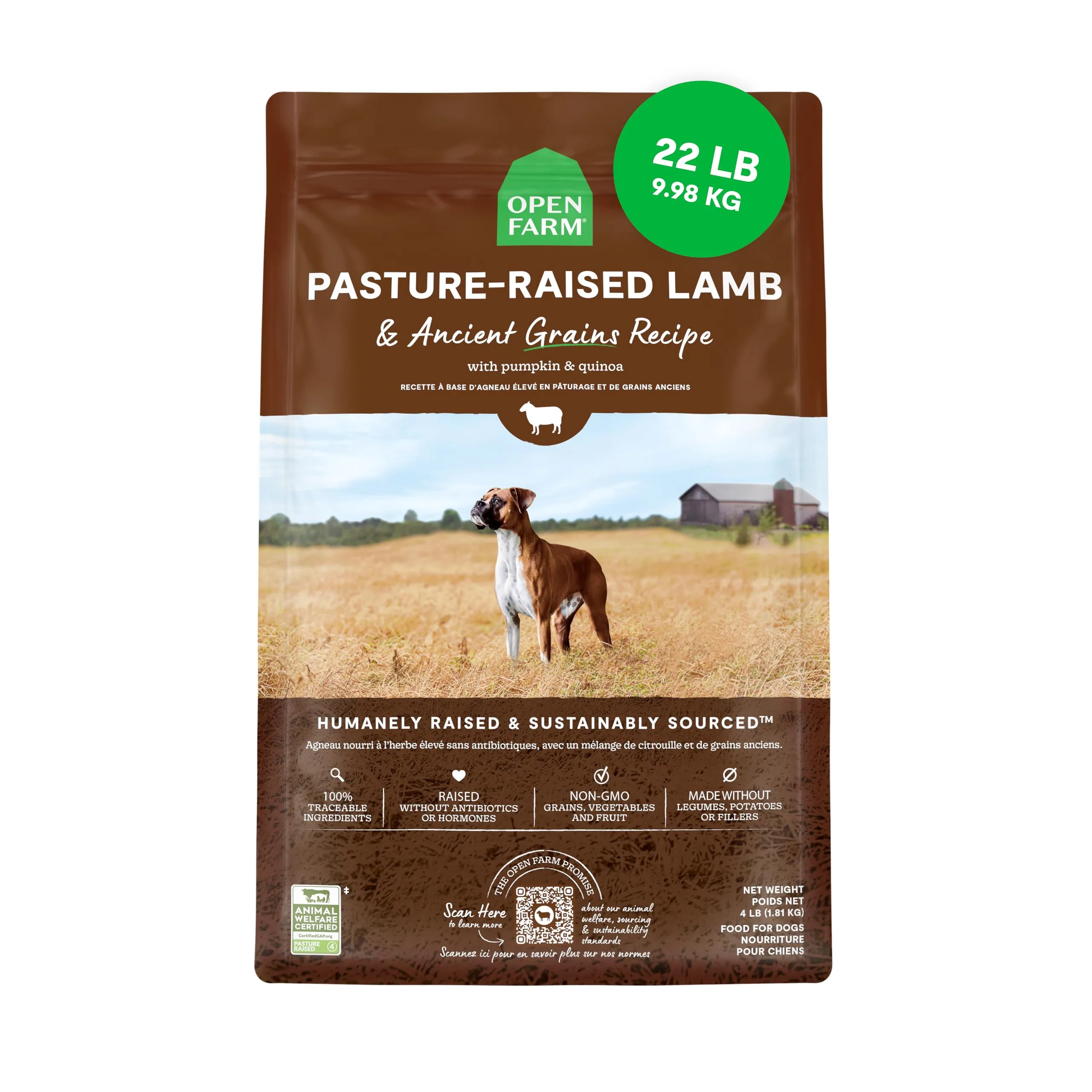 Open Farm, Ancient Grains Dry Dog Food, Protein-Rich & Nutrient Dense, 90% Animal Protein Mixed with Non-GMO Fruits, Veggies and Superfoods, Pasture Raised Lamb Recipe, 22lb Bag