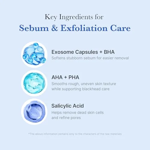 Close-up of the blue capsules and explanation of their blackhead and pore care benefits