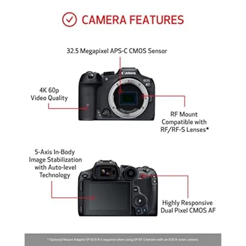 Canon EOS R7 Mirrorless Camera (Body Only), Hybrid Camera, 32.5 Megapixel (APS-C) CMOS Sensor, 4K Video, for Sports, Action, Content Creators, Vlogging Camera, Black