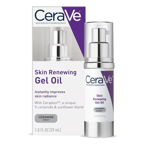 CeraVe Skin Renewing Gel Oil bottle held against a clear background, showcasing its gel-like texture.