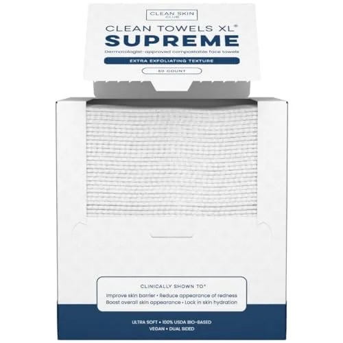 Clean Skin Club Clean Towels XL® Supreme, 100% USDA Biobased Face Towel, Disposable Face Towelette, Eczema Association Accepted, Makeup Remover Dry Wipes, Ultra Soft, 1 Pack, 50 Ct