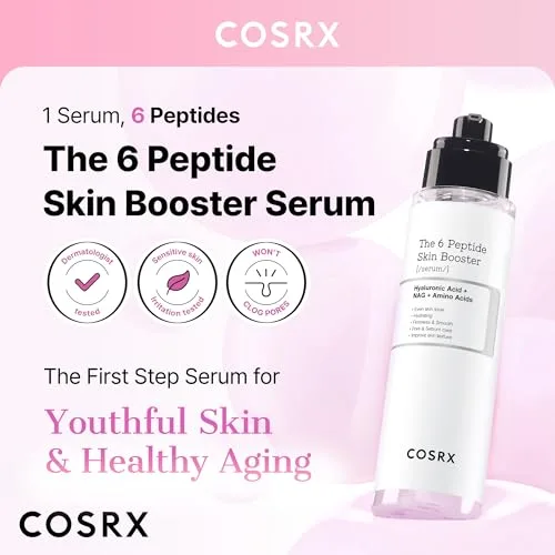 Informational graphic detailing the key benefits of the COSRX 6X Peptide Collagen Booster