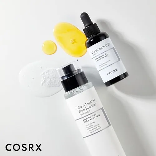 Illustration of the COSRX routine: Cleansing, Peptide Booster, Vitamin C 23% Serum, Moisturizer