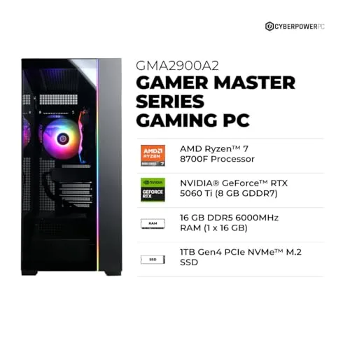 CyberPowerPC Gamer Master Gaming PC, AMD Ryzen 7 8700F 4.1GHz, GeForce RTX 5060 Ti 8GB, 16GB DDR5, 1TB PCIe 4.0 SSD, WiFi Ready & Windows 11 Home (GMA2900A2)