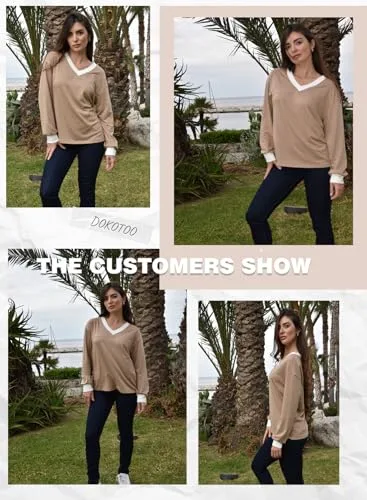 Dokotoo Womens Long Sleeve Shirts Casual V Neck Oversized Shirts Basic Tees Fall Clothes Fashion Outfits 2025