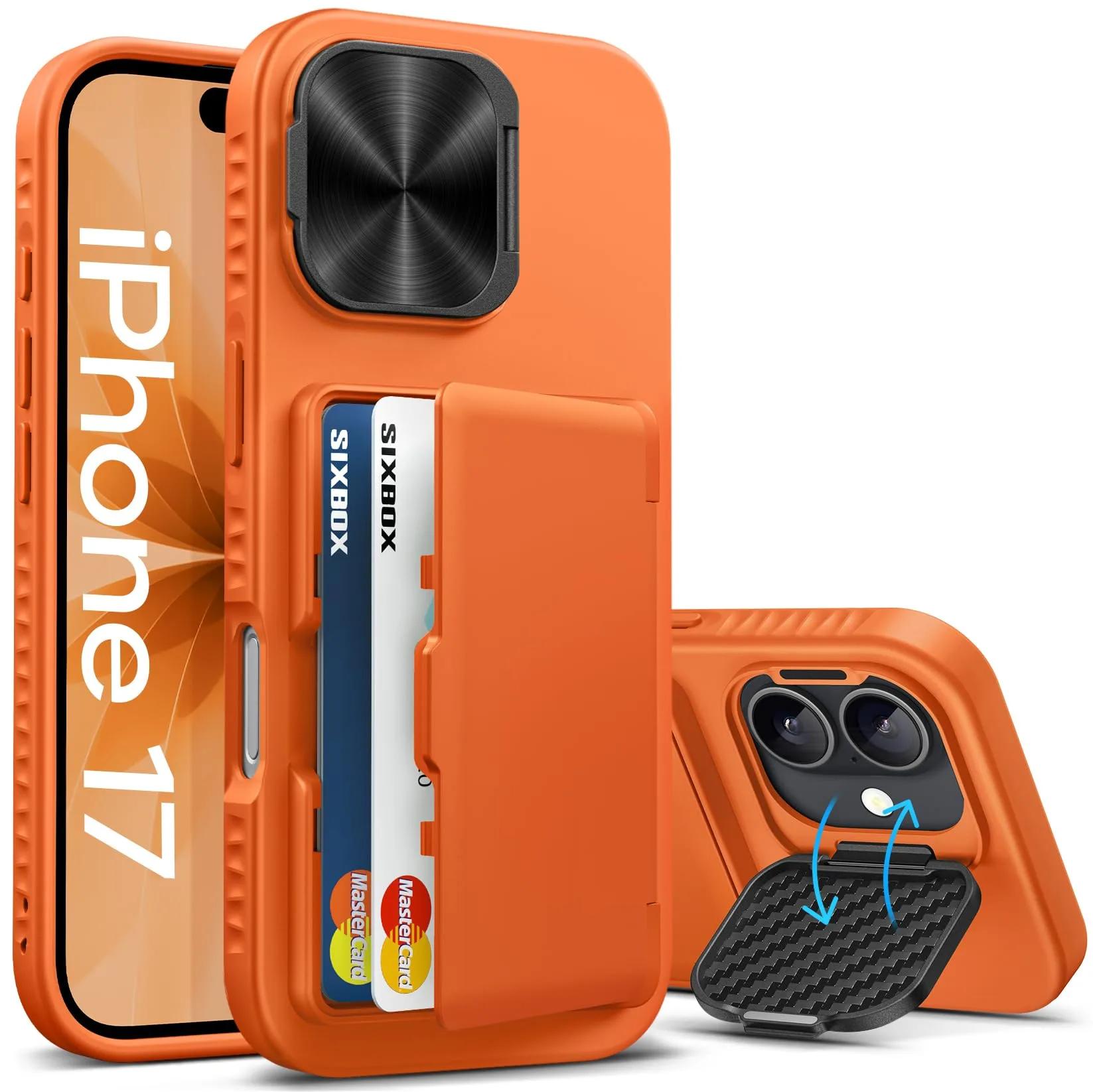 for iPhone 17 Case with Credit Card Holder, Built-in Camera Cover & Stand, Silicone Bumper Raised Edge Multifunctional Full Body Protective Phone Cover Case for iPhone 17 2025, Orange