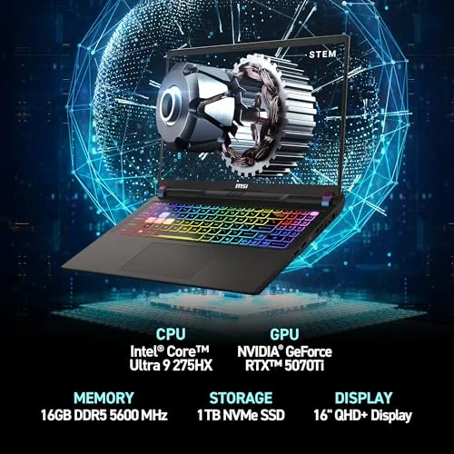 MSI Vector 16 HX AI 16” 240Hz QHD+ Gaming Laptop: Intel Core Ultra 9-275HX, NVIDIA Geforce RTX 5070Ti, 16GB DDR5, 1TB NVMe SSD, Thunderbolt 5, Wi-Fi 7, Win 11 Home: Cosmo Gray A2XWHG-211US