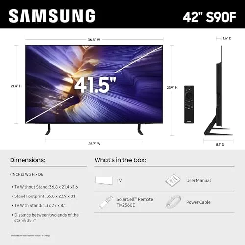 SAMSUNG 42-Inch Class OLED S90F 4K Smart TV (2025 Model) NQ4 AI Gen3 Processor, 4K AI Upscaling Pro, OLED HDR +, Motion Xcelerator 144Hz, Samsung Vision AI, Alexa Built-in
