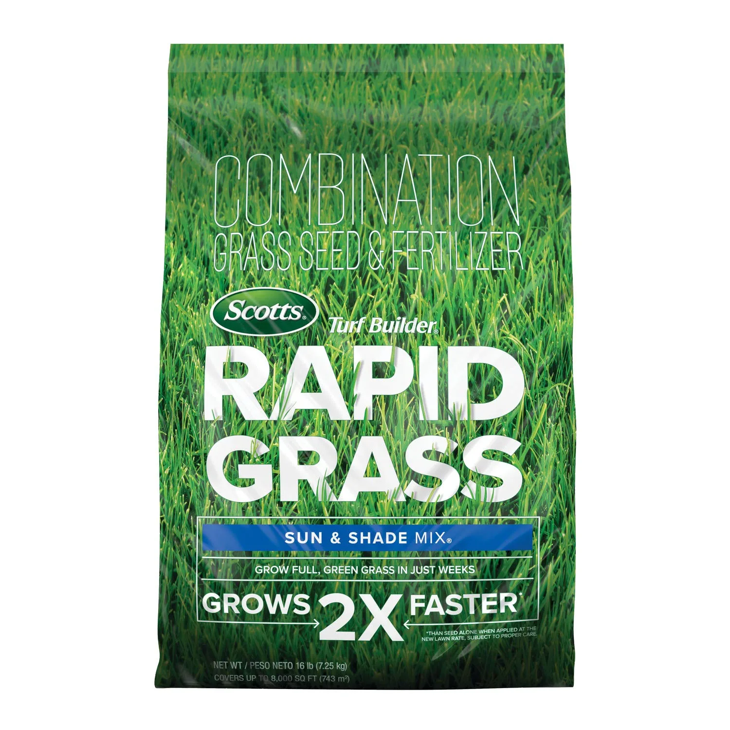 Scotts Turf Builder Rapid Grass Sun and Shade Mix, Combination Grass Seed and Fertilizer, Grows Green Grass in Just Weeks, 16 lbs.