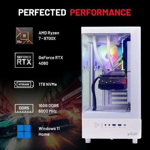 Skytech Gaming Azure 3 Desktop PC, Ryzen 7 9700X 3.8 GHz (5.5GHz), NVIDIA RTX 4060 8GB, 1TB NVMe SSD, 16GB DDR5 RAM 6000, 650W Gold PSU, 360mm ARGB AIO, Wi-Fi, Win 11