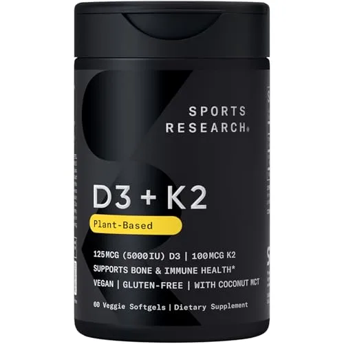 Sports Research® Vitamin D3 + K2 w/ Coconut Oil - Vegan Vitamin D 5000iu & Mk7 Vitamin K 100mcg for Bone & Immune Support - Vegan Certified · Non-GMO · Soy Free - 60 Softgels
