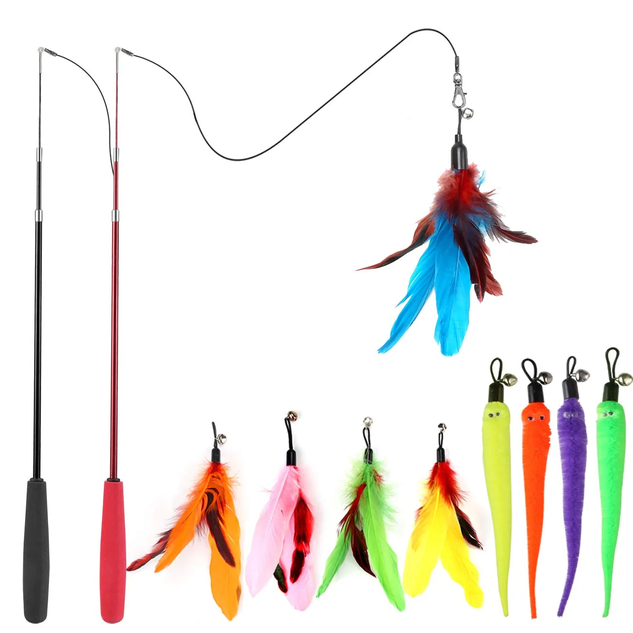 The retractable cat feather wand shown fully extended with a colorful feather attachment.