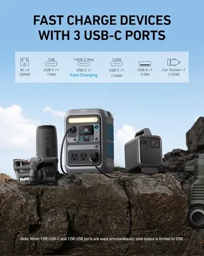 Anker SOLIX C300 Portable Power Station, 288Wh LiFePO4 Battery, 300W (600W Surge) Solar Generator, 140W Two-Way Fast Charging, for Outdoor Camping, Traveling, and Emergencies (Solar Panel Optional)