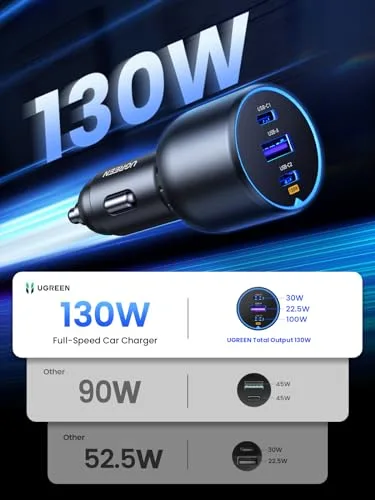 UGREEN 130W USB C Car Charger, Type C Car Charger Adapter Compatible with iPhone 17 17 Air 17 Pro 17 Pro Max 16 16 Plus 16 Pro 16 Pro Max 15 14 13 12, Galaxy S24 S23 Ultra, iPad, MacBook, and More