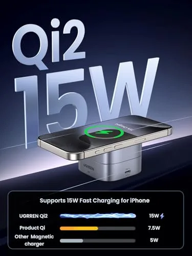 UGREEN MagFlow Qi2 Magnetic Foldable Charging Station, 2-in-1 Fast Wireless Charger Compatible with iPhone 17/17 Air/17 Pro/17 Pro Max 16 15 14 13 12, Airpods3 2 Pro (No AC Adapter), Dark Grey