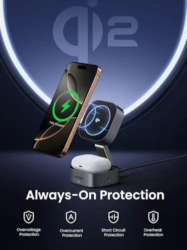 UGREEN MagFlow Qi2 Magnetic Foldable Charging Station, 2-in-1 Fast Wireless Charger Compatible with iPhone 17/17 Air/17 Pro/17 Pro Max 16 15 14 13 12, Airpods3 2 Pro (No AC Adapter), Dark Grey