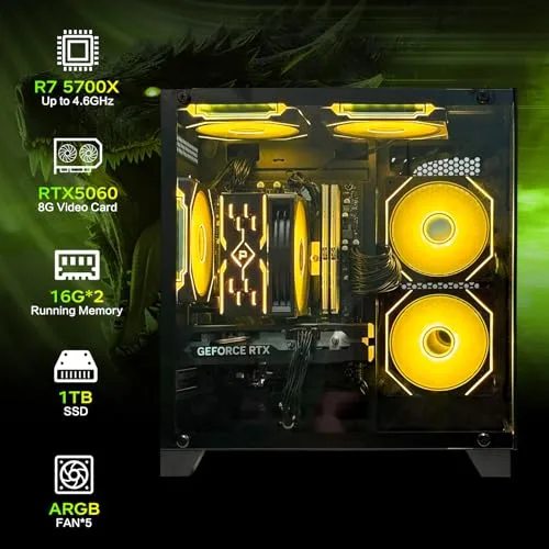 Gaming PC Desktop,Prebuilt Gaming Computer with,AMD Ryzen 7 5700X 3.4GHz,RTX5060 8GB GDDR7 DLSS4,32GB DDR4 RAM 3200MHz,1TB NVME SSD,ARGB Cooling Fan,Supply WiFi Support