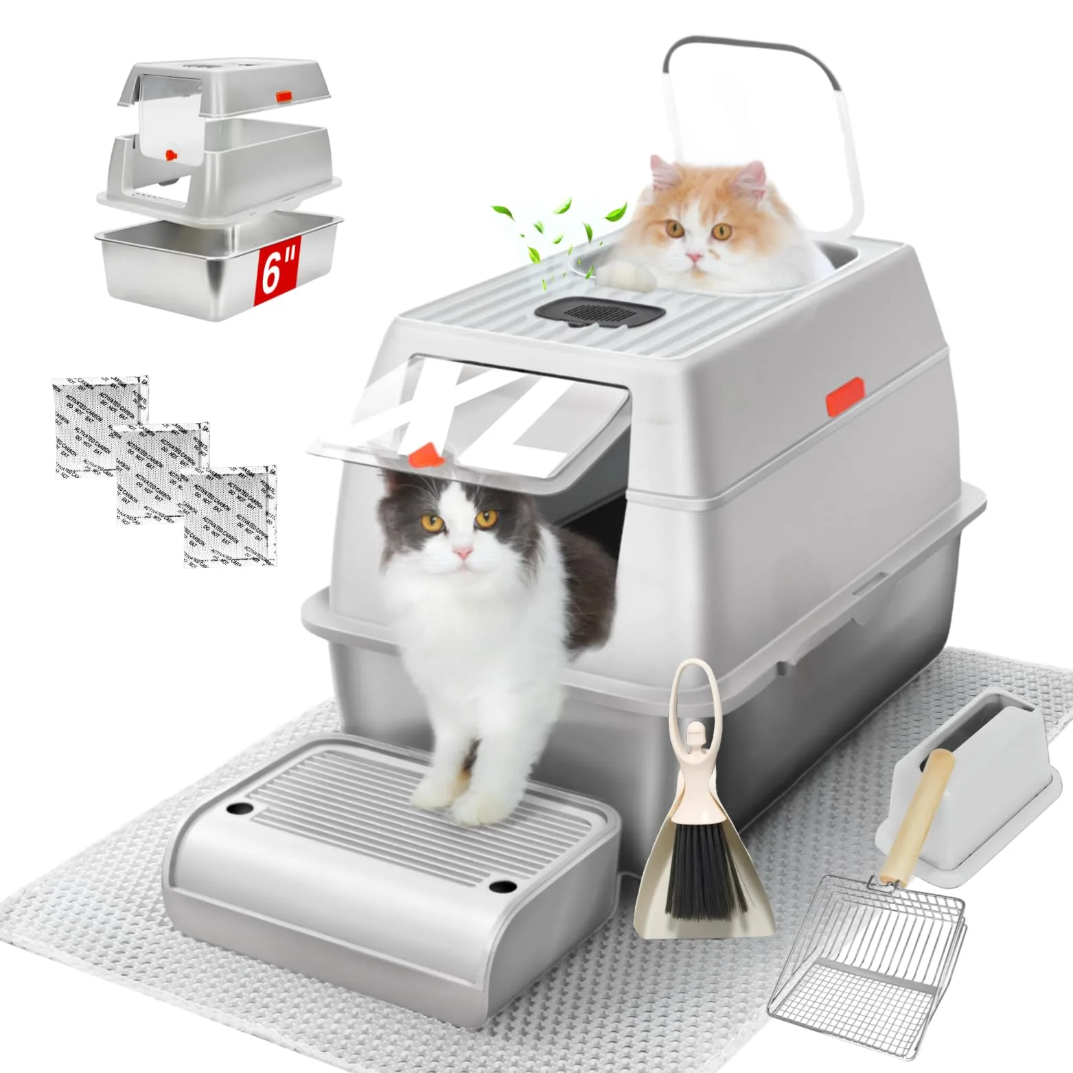 XL Stainless Steel Litter Box with Lid, Fully Enclosed 6" Deep Metal Cat Litter Box, Leak-Proof, Clumping Litter for Large, Multi-Cats, with Litter Mat, Scooper & Brush (6" Light Gray XL)