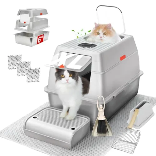 XL Stainless Steel Litter Box with Lid, Fully Enclosed 6" Deep Metal Cat Litter Box, Leak-Proof, Clumping Litter for Large, Multi-Cats, with Litter Mat, Scooper & Brush (6" Light Gray XL)