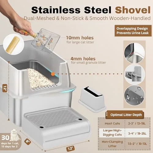 XL Stainless Steel Litter Box with Lid, Fully Enclosed 6" Deep Metal Cat Litter Box, Leak-Proof, Clumping Litter for Large, Multi-Cats, with Litter Mat, Scooper & Brush (6" Light Gray XL)