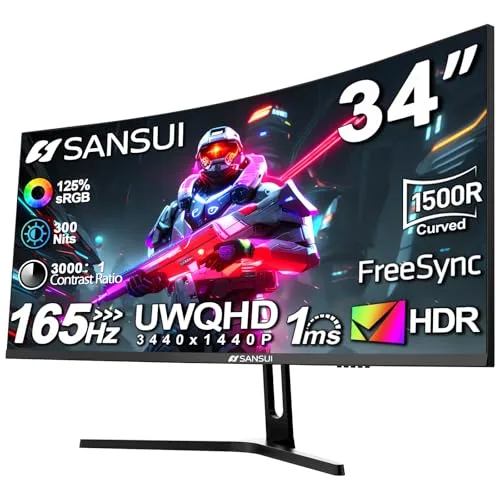 SANSUI 34-Inch Curved Gaming Monitor UWQHD 3440 x 1440 Up to 165Hz Curved 1500R - PIP/PBP, 1ms(MPRT), HDR, 300nits, sRGB 125%, DCI-P3 95%,FreeSync,HDMIx2,DP1.4 x2 (DP Cable Included)