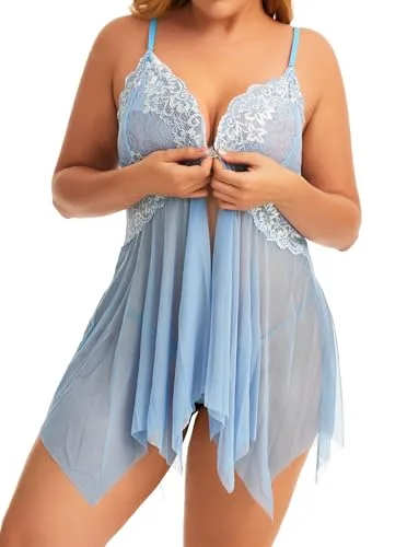 ADOREJOY Women Lingerie Babydoll Front Closure Mesh Lace Chemise Sleepwear Nightie