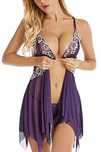 ADOREJOY Women Lingerie Babydoll Front Closure Mesh Lace Chemise Sleepwear Nightie