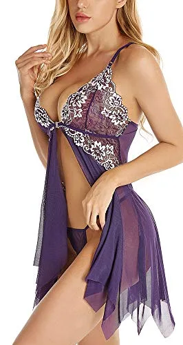 ADOREJOY Women Lingerie Babydoll Front Closure Mesh Lace Chemise Sleepwear Nightie