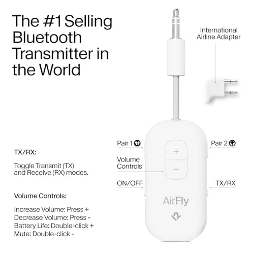 AirFly Pro 2 shown plugged into an airplane seatback screen