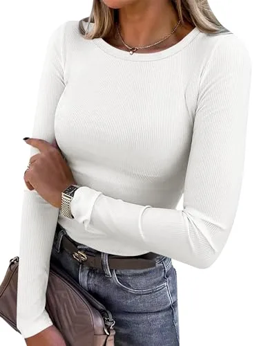 ANRABESS Women Long Sleeve Shirts Rib Knit Slim Fit Tops Basic Tee