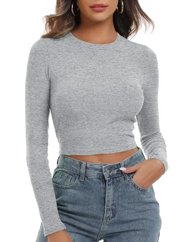 Artfish Women's Round Neck Long Sleeve Knit Ribbed Fitted Crop Top Casual Basic Shirts