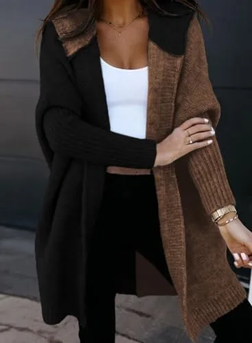 Astylish Women 2025 Fall Outfits Open Front Long Sleeve Hooded Knit Cardigan Sweaters Color Block Outwear Coats