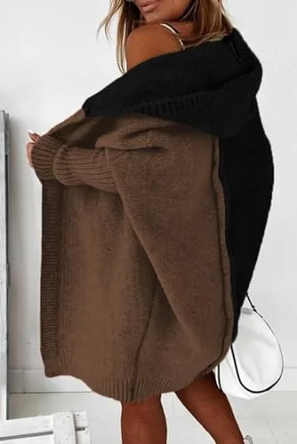 Astylish Women 2025 Fall Outfits Open Front Long Sleeve Hooded Knit Cardigan Sweaters Color Block Outwear Coats