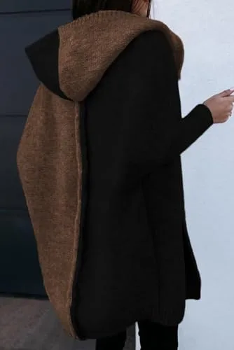 Astylish Women 2025 Fall Outfits Open Front Long Sleeve Hooded Knit Cardigan Sweaters Color Block Outwear Coats