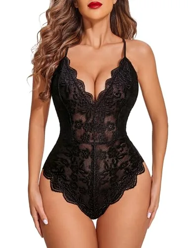 Avidlove Women One Piece Lingerie Deep V Teddy Sexy Lace Bodysuit Snap Crotch Babydoll