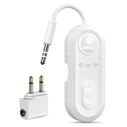 Upgraded Bluetooth 5.4 Transmitter Receiver, Airplane Bluetooth Adapter with Qualcomm aptX Adaptive, Supports 2 AirPods/Headphones, Wireless Audio Transmitter for TV, Travel, Car & Gym, Cable Storage