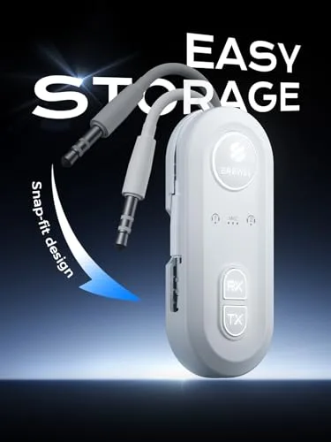 Upgraded Bluetooth 5.4 Transmitter Receiver, Airplane Bluetooth Adapter with Qualcomm aptX Adaptive, Supports 2 AirPods/Headphones, Wireless Audio Transmitter for TV, Travel, Car & Gym, Cable Storage