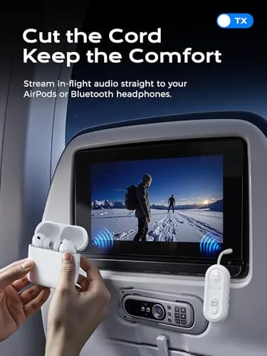 Upgraded Bluetooth 5.4 Transmitter Receiver, Airplane Bluetooth Adapter with Qualcomm aptX Adaptive, Supports 2 AirPods/Headphones, Wireless Audio Transmitter for TV, Travel, Car & Gym, Cable Storage