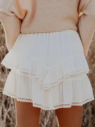 Flowy Shorts for Women Casual Boho Ruffle Tiered Skorts High Waist Mini Skirts Golf Tennis Crochet Shorts