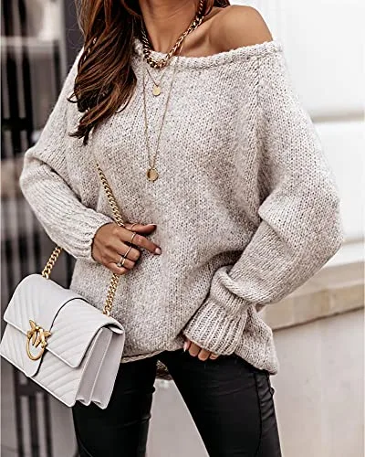 BTFBM Women Casual Long Sleeve Fall Sweaters Crew Neck Solid Color Soft Ribbed Knitted Oversized Pullover Loose Fit Jumper