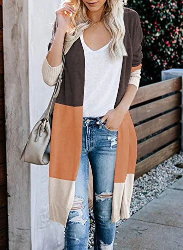 CARDYDONY Women's Long Cardigan Open Front Color Block Cardigan Knit Sweaters